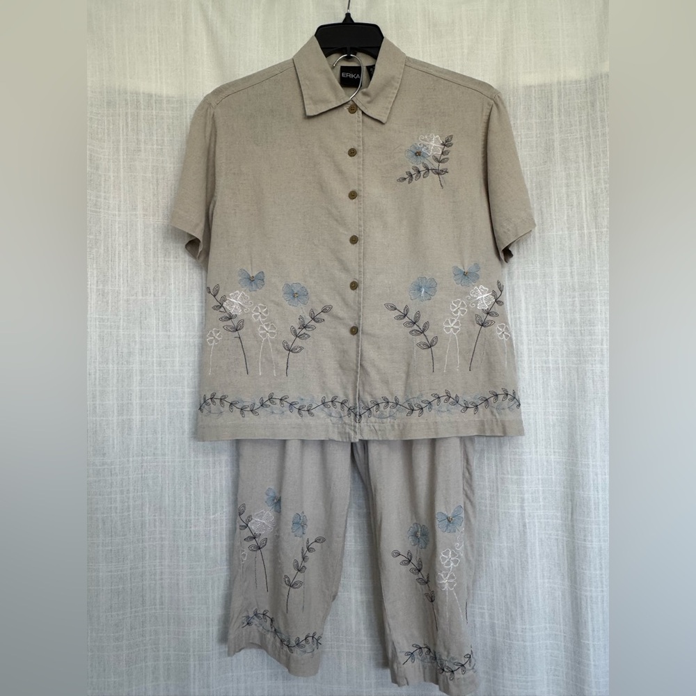 Erika Embroidered Set in Neutral Linen Blend | Top & Pants Set Size Medium